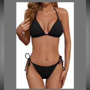 Sexy Ribbed Triangle Top Bathing Suits String Cheeky Bikini Sets Black M